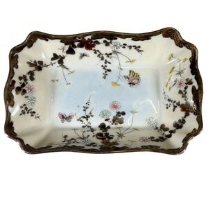 Vintage Porcelain Vanity Tray Floral Butterfly Gold Trim Rectangular Dish